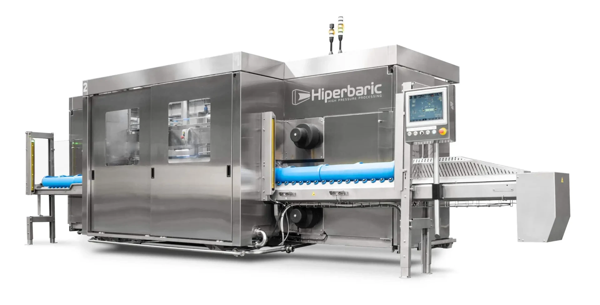Hiperbaric high pressure processing machine with pressure chamber and conveyor system