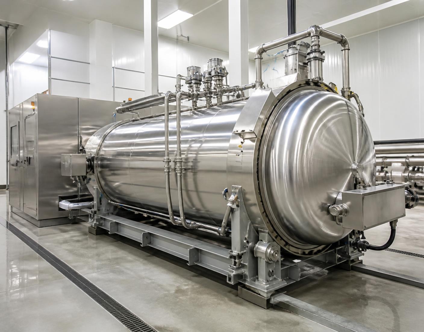 Stainless steel high pressure processing vessel in a food production facility